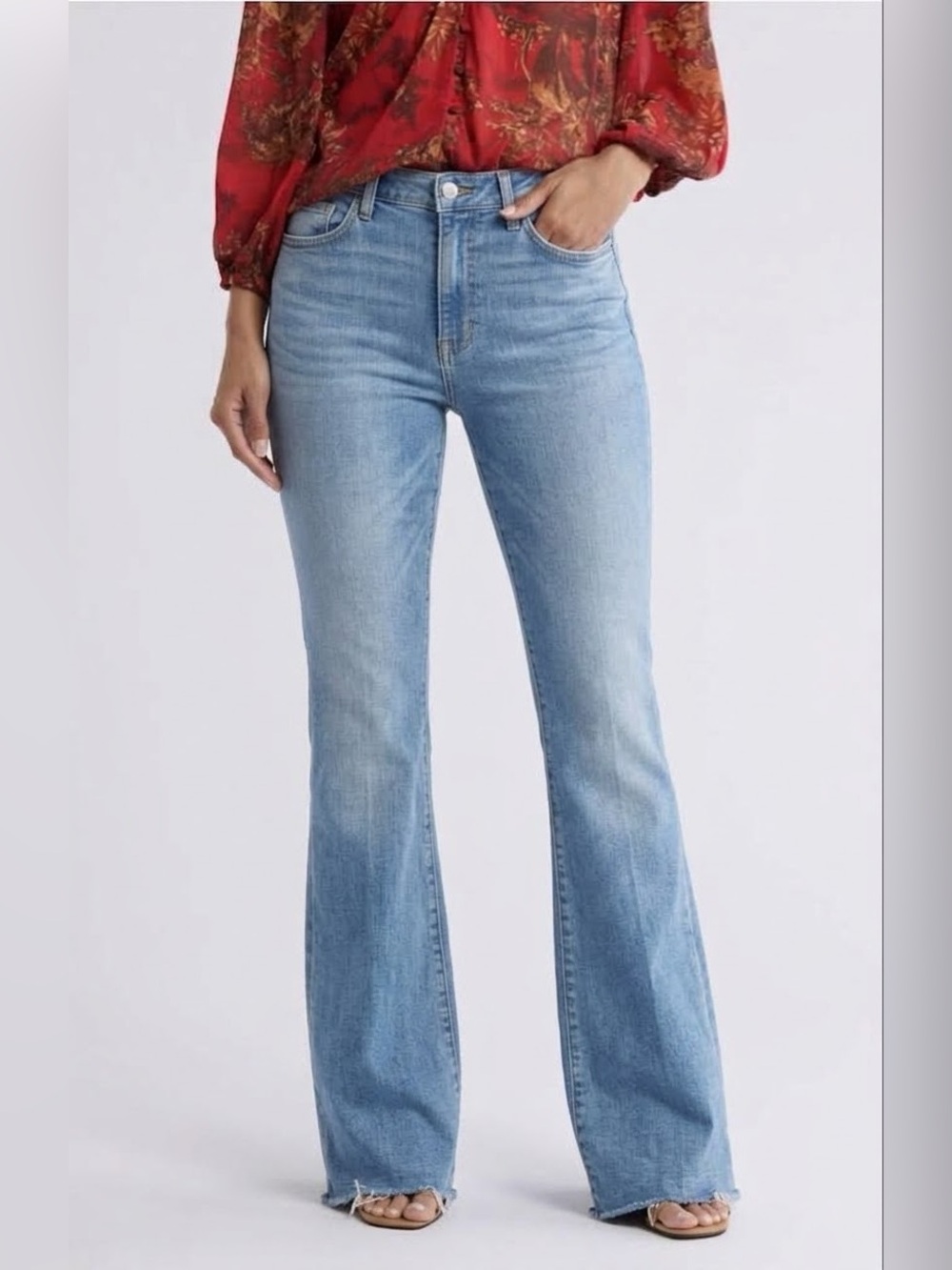 L'AGENCE Size 31 High Rise Flare Jeans Raw Hem Light Wash Full Length Stretch